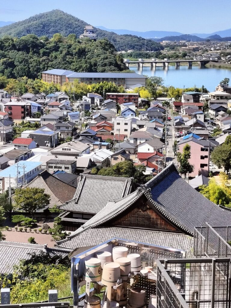 西北を木曽川に沿って見ると、正面に犬山城天守が見えます。この写真は東乃宮古墳への途中の瑞泉寺の上からです。